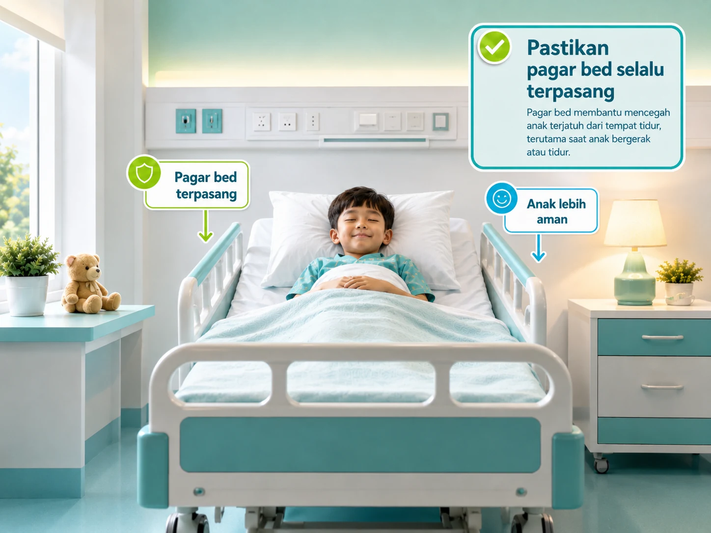 Ilustrasi pagar tempat tidur anak yang terpasang