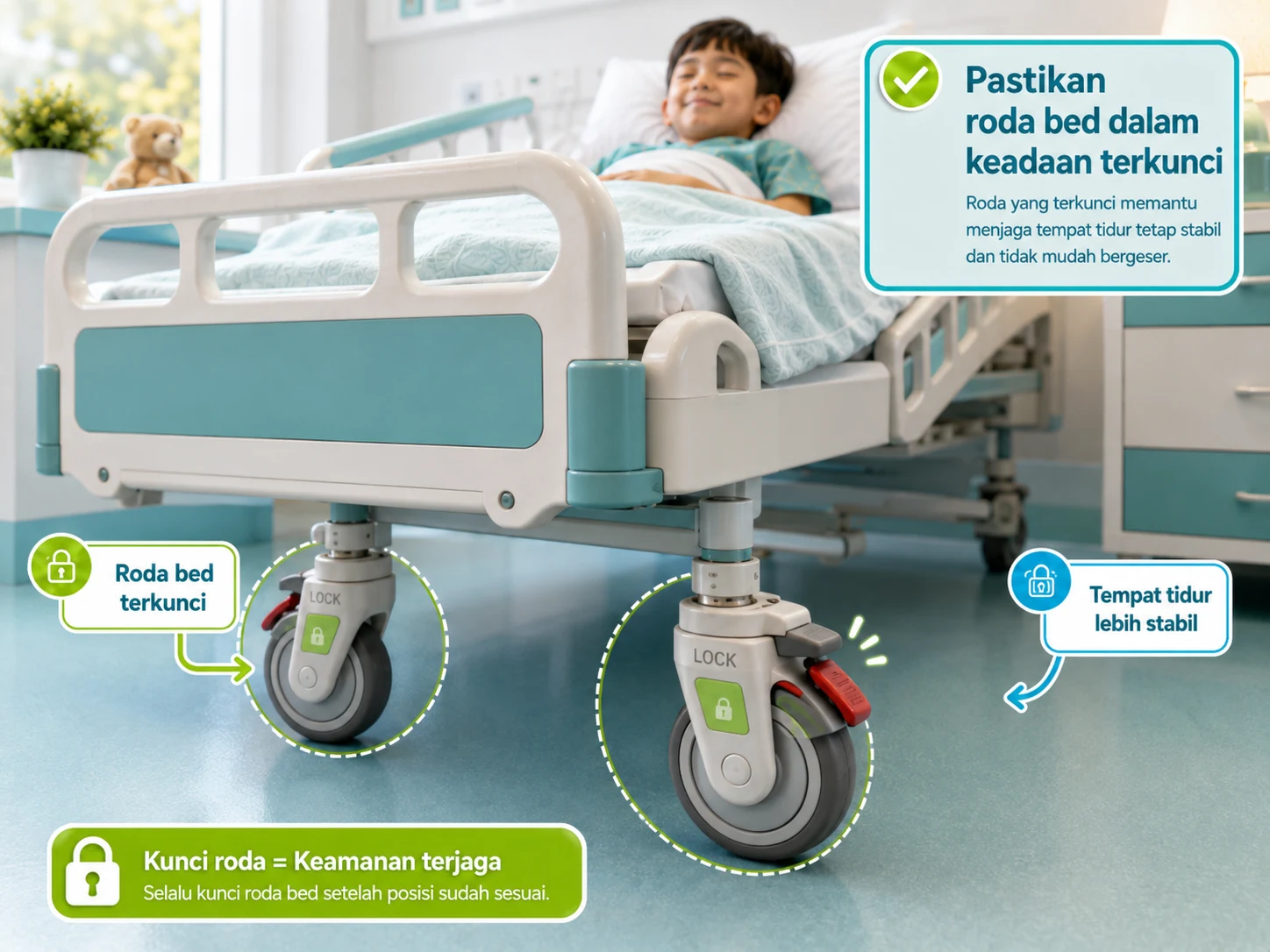 Ilustrasi roda tempat tidur dalam keadaan terkunci